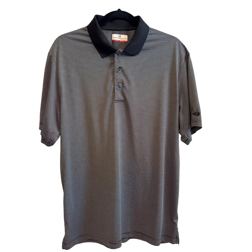 Grand Slam Performance Polo Shirt‎ Mens Large Black White Striped Golf